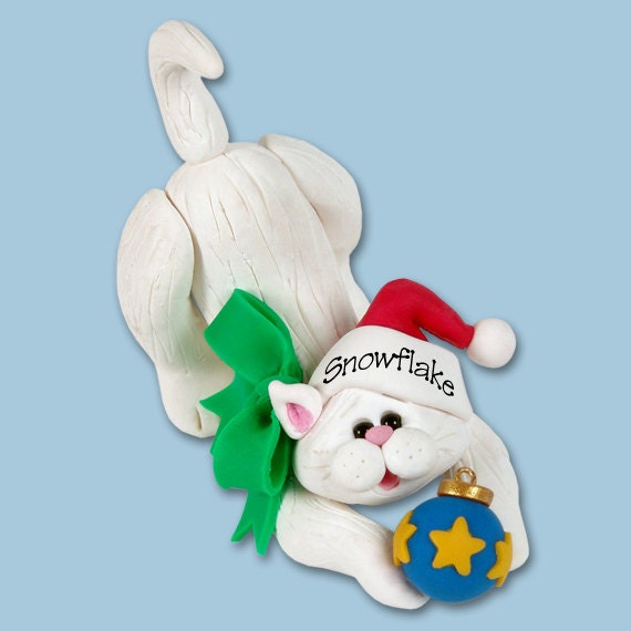 White  KITTY CAT Personalized Ornament - HANDMADE Polymer Clay  Christmas Ornament