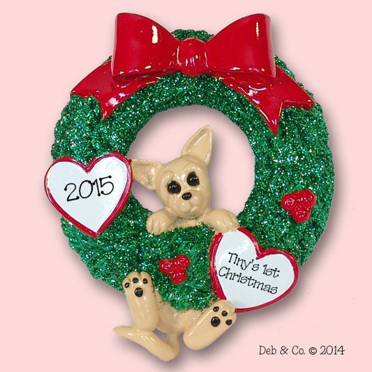 Chihuahua PUPPY DOG  Hanging in Wreath Hand Painted RESIN Personalized Christmas Ornament Personalized Christmas Ornament