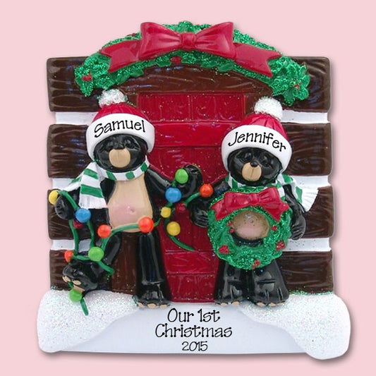 Couples Ornament, Christmas at the Cabin, Black Bear Couple Personalized Ornament,  Log Cabin, RESIN Personalized Christmas Ornament