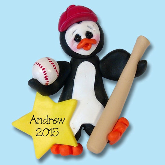 Petey Penguin Baseball Player -Handmade Polymer Clay - Personalized Christmas Ornament - Limited Edition