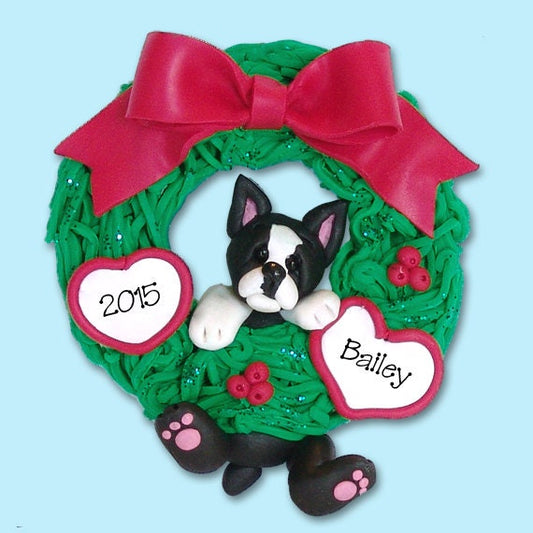 Boston Terrier / Bull Dog PUPPY Hanging in Wreath HANDMADE Polymer Clay Personalized Christmas Ornament