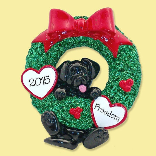 Personalized Dog Ornaments - Black Labrador Retriever PUPPY DOG  Hanging in Wreath Personalized Christmas Ornaments - Black Lab Ornament