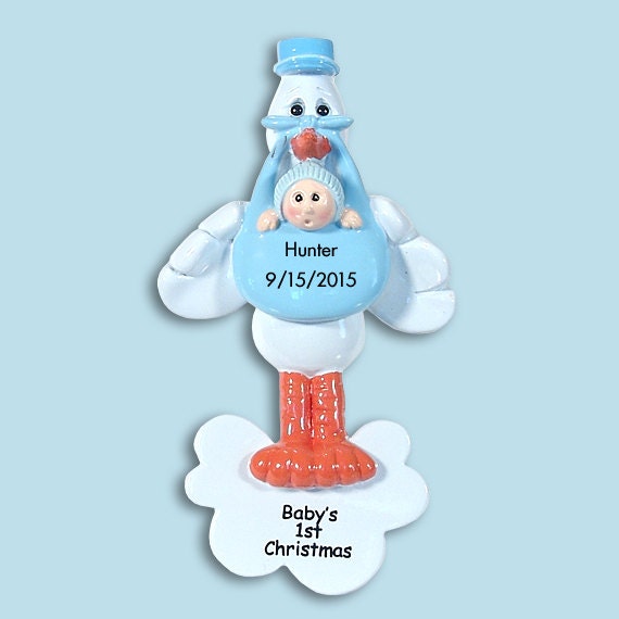 Baby's First Christmas - Stork w/Baby Boy - Personalized Ornament  - RESIN Ornament