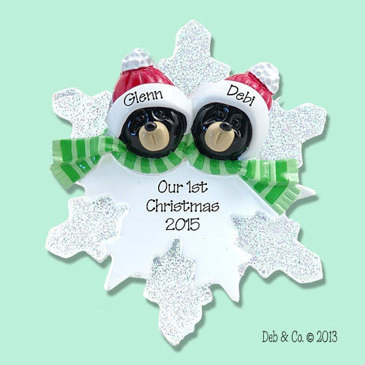 Black Bear Couple on Snowflake Hand Painted RESIN Personalized Christmas Ornament