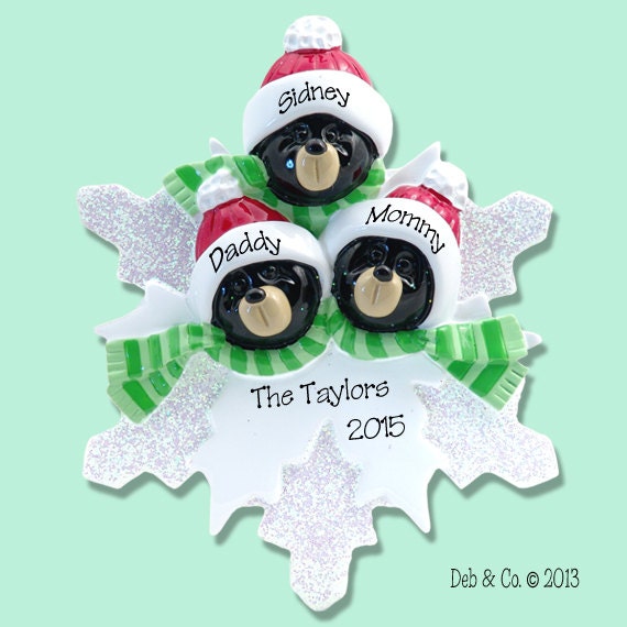 Personalized Family Ornament of 3 Black Bears on Snowflake  Personalized Christmas Ornament - Hand Painted RESIN