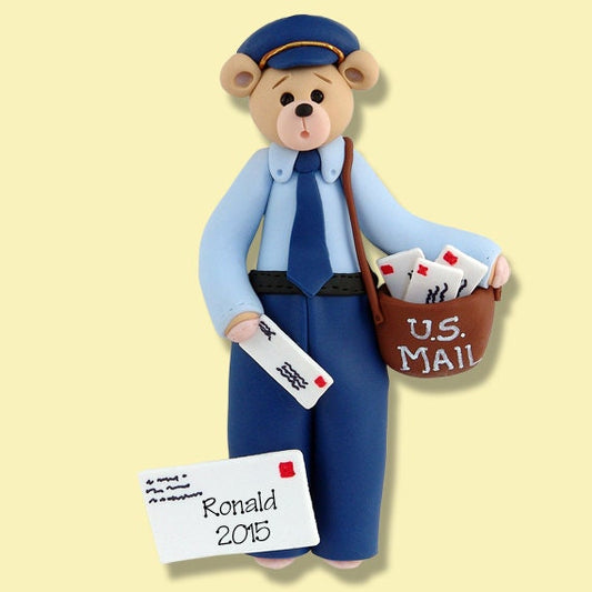 Belly Bear MAILMAN / Letter Carrier Handmade Polymer Clay Personalized Christmas Ornament