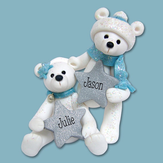 Polar Bear Couple/ Family Polymer Clay Personalized Christmas Ornament