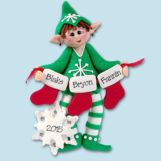 Elf with Stockings Family of 3  Polymer Clay Personalized Christmas Ornament