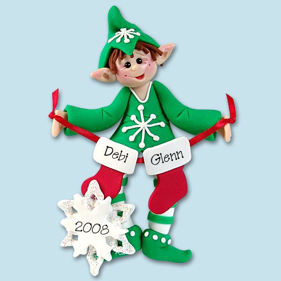 Elf with Stockings Family of 2  Polymer Clay Personalized Christmas Ornament