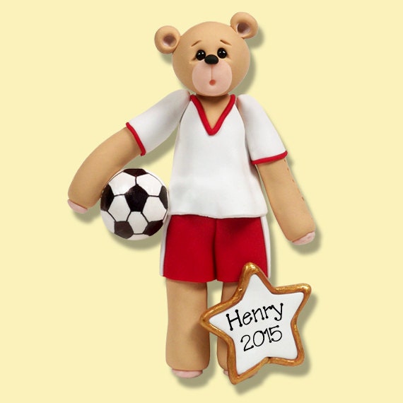 Soccer Player Belly  Bear Handmade Polymer Clay Personalized Christmas Ornament