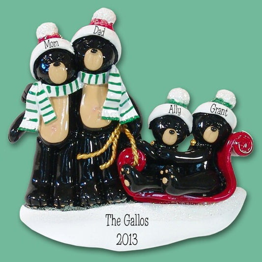 Black Bear Family of 4 in Sled HAND PAINTED RESIN Personalized Christmas Ornament